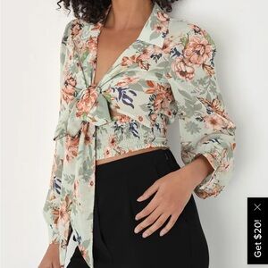 Lulu's Green Tie-Front Crop Blouse